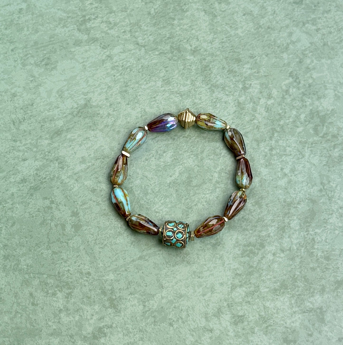 Mystic Marsh Drops • Inlaid Nepali Cylindrical Brass Bead Focal • Autumn Inspired Artisan Bracelet