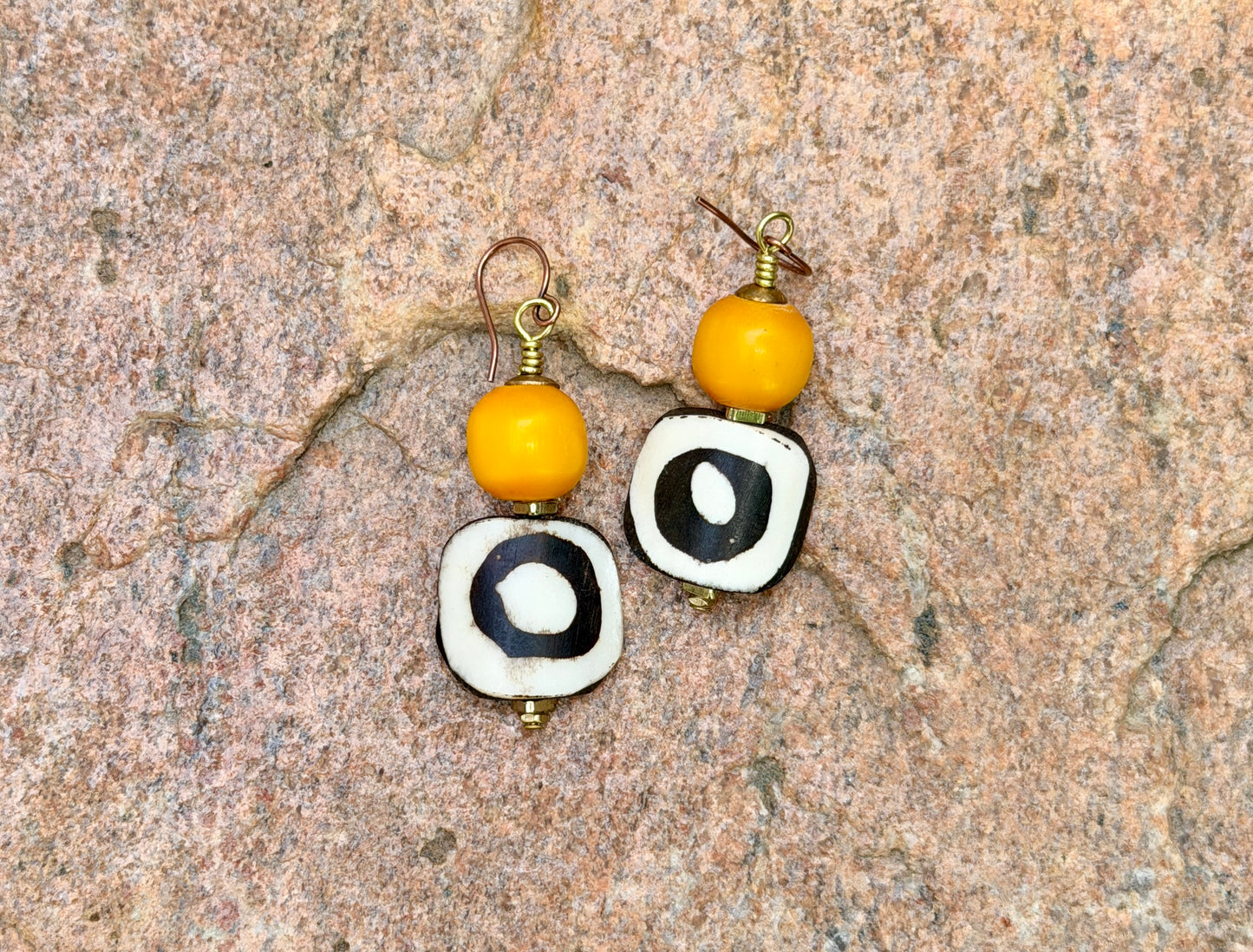 Batik Bone & Colorful Kenya Amber Resin Earrings • Beachy Summer Boho Jewelry