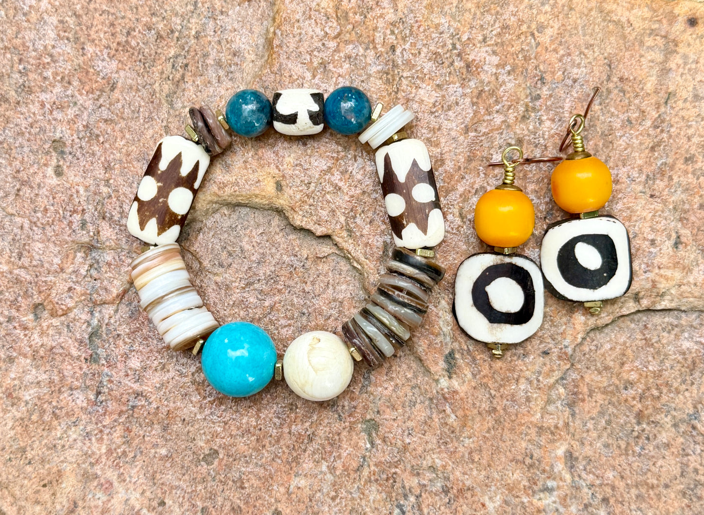Batik Bone & Colorful Kenya Amber Resin Earrings • Beachy Summer Boho Jewelry