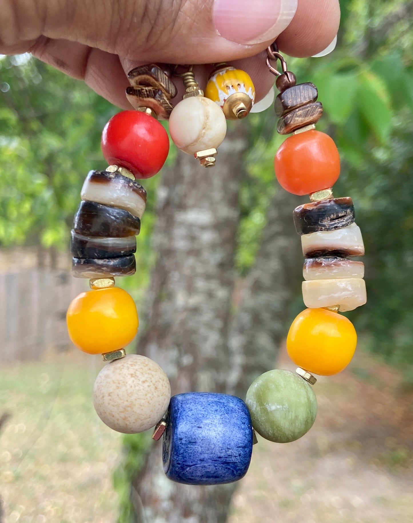 Boho Beaded Bracelet — Natural Shell, Colorful Agate, Kenyan Resin & Blue Bone Beads