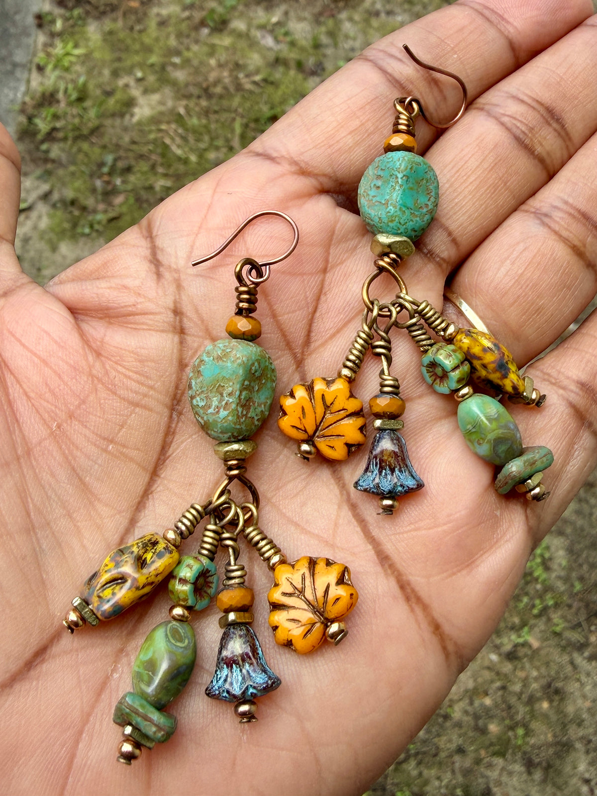 Golden Maple Leaf Earrings • Turquoise Autumn Dangles