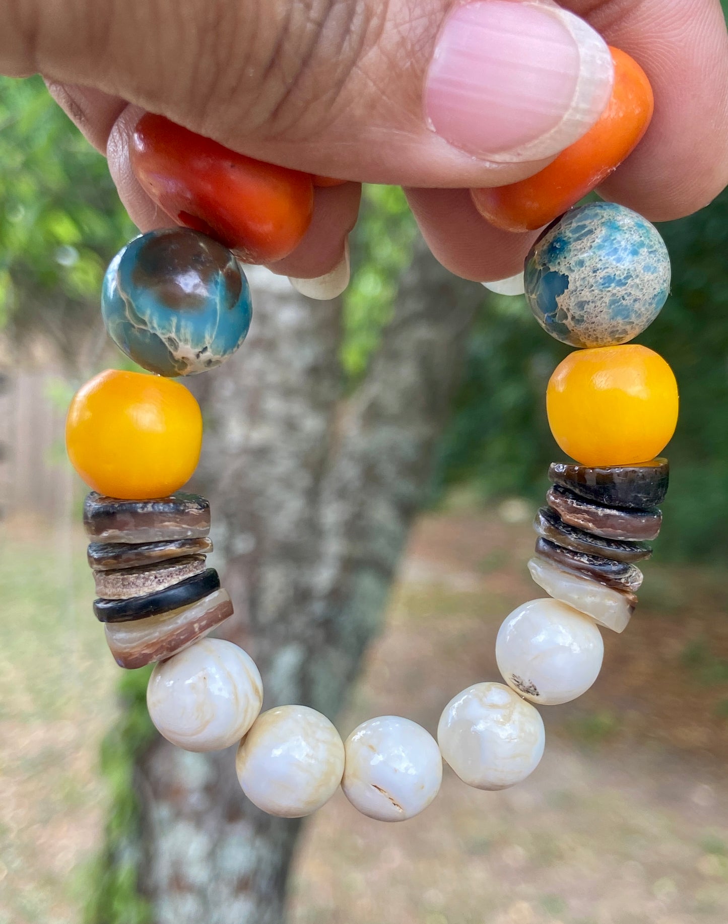 Boho Tribal Bracelet • Moroccan Mango Resin • Naga Shell • Kenyan Amber • Turquoise Impression Jasper