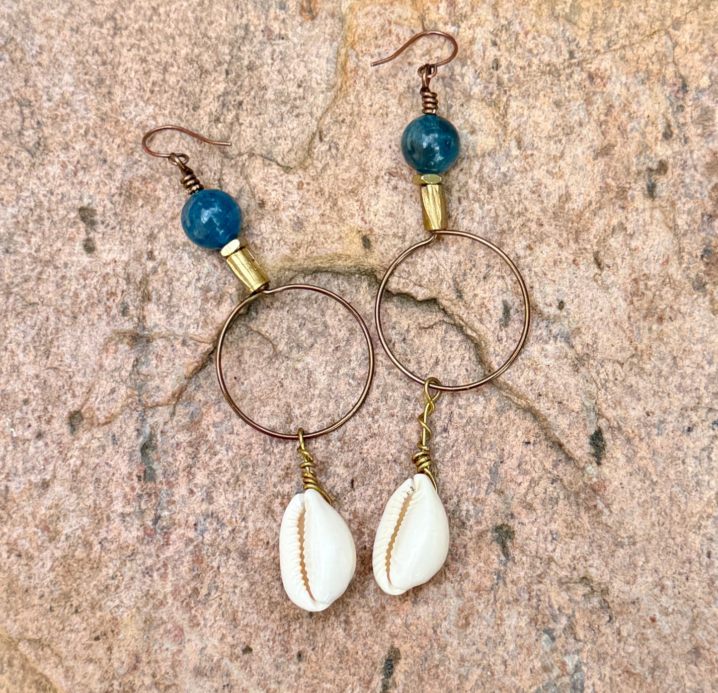 Bold Apatite Hoop Earrings • Cowrie Shell Charms • Fun Unique Beach Jewelry