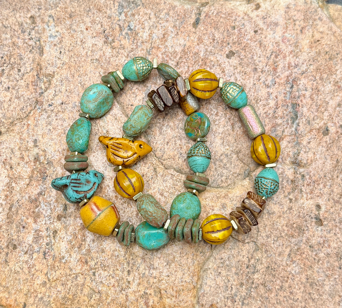 Turquoise Ancient Stone Bracelet • Mystic Chirp Focal • Rustic Coconut Wood • Nature Inspired Artisan Jewelry
