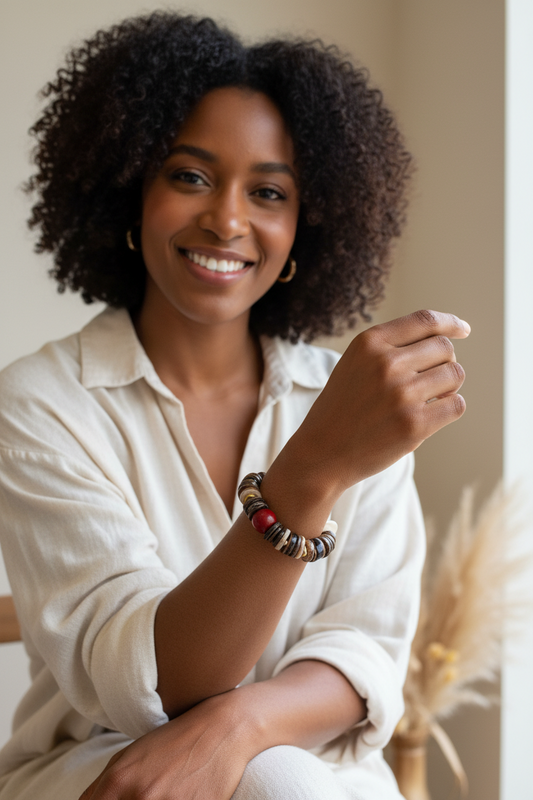 Natural Mussel Shell Bracelet – Batik Bone, Mottled Shell Heishi – Coastal Boho Stretch Jewelry