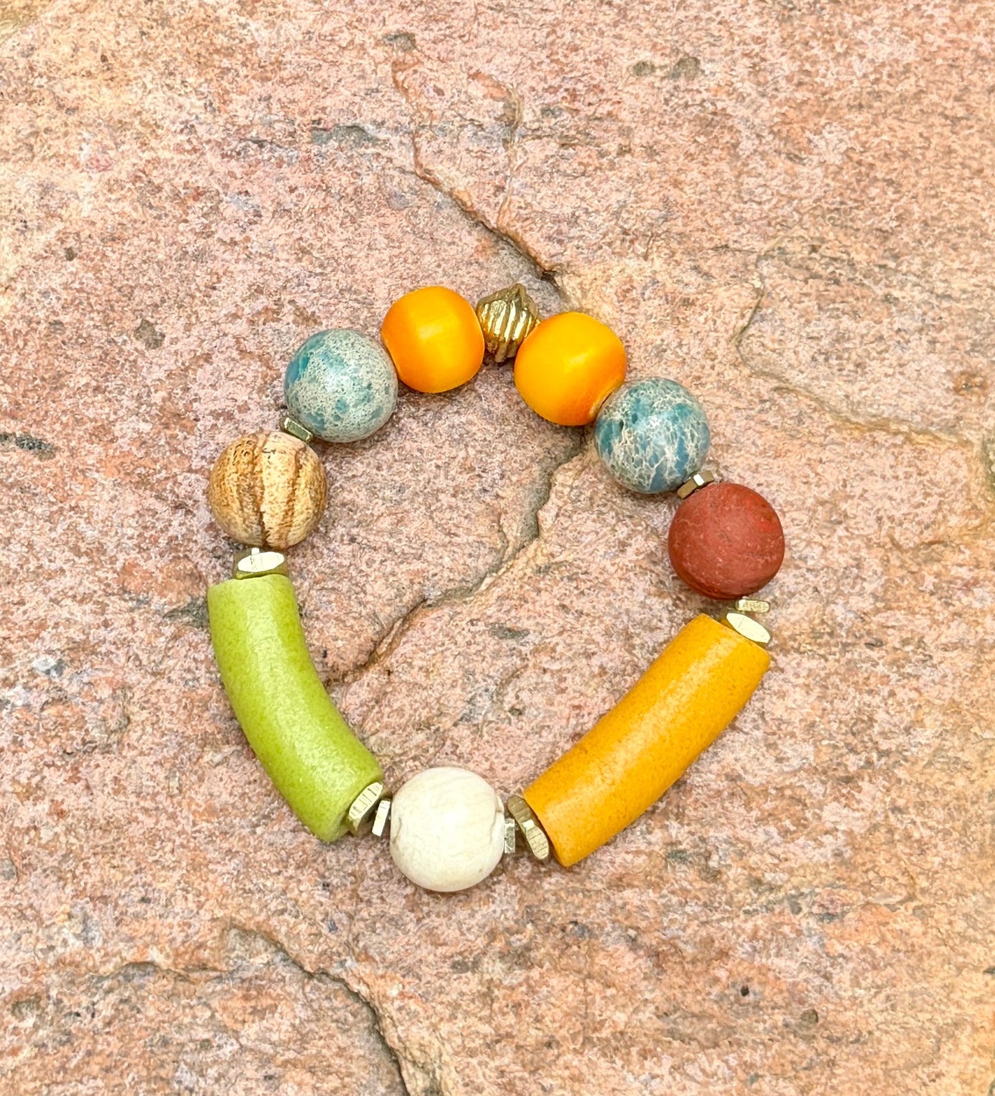 Colorful Krobo, Agate & Turquoise Jasper Bracelet • Global Boho Summer Jewelry