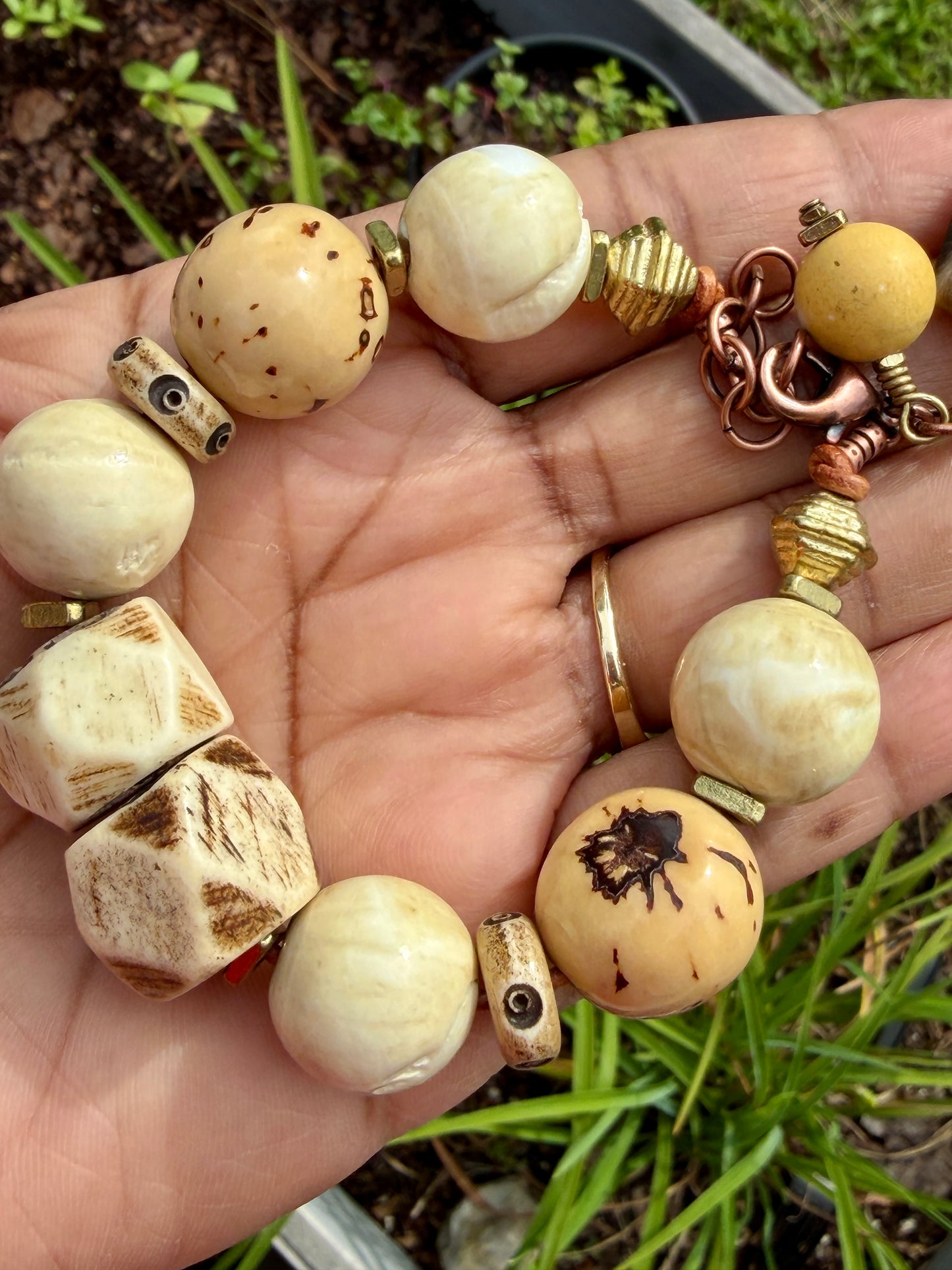 Tagua Seed Bead Bracelet: Naga Conch Shell, Bone & Brass