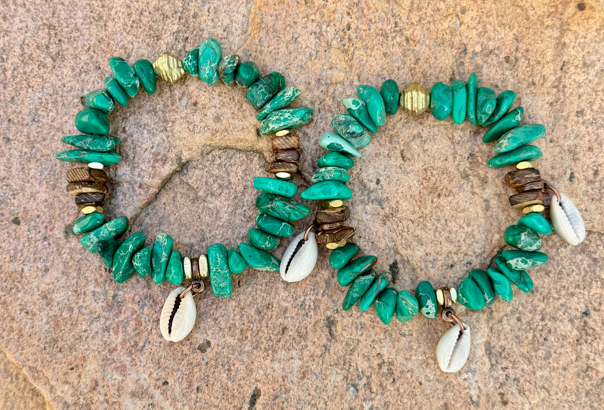 Beachy Green Aqua Sediment Jasper– Cowrie Shell Charm– Coastal Boho Stretch Bracelet