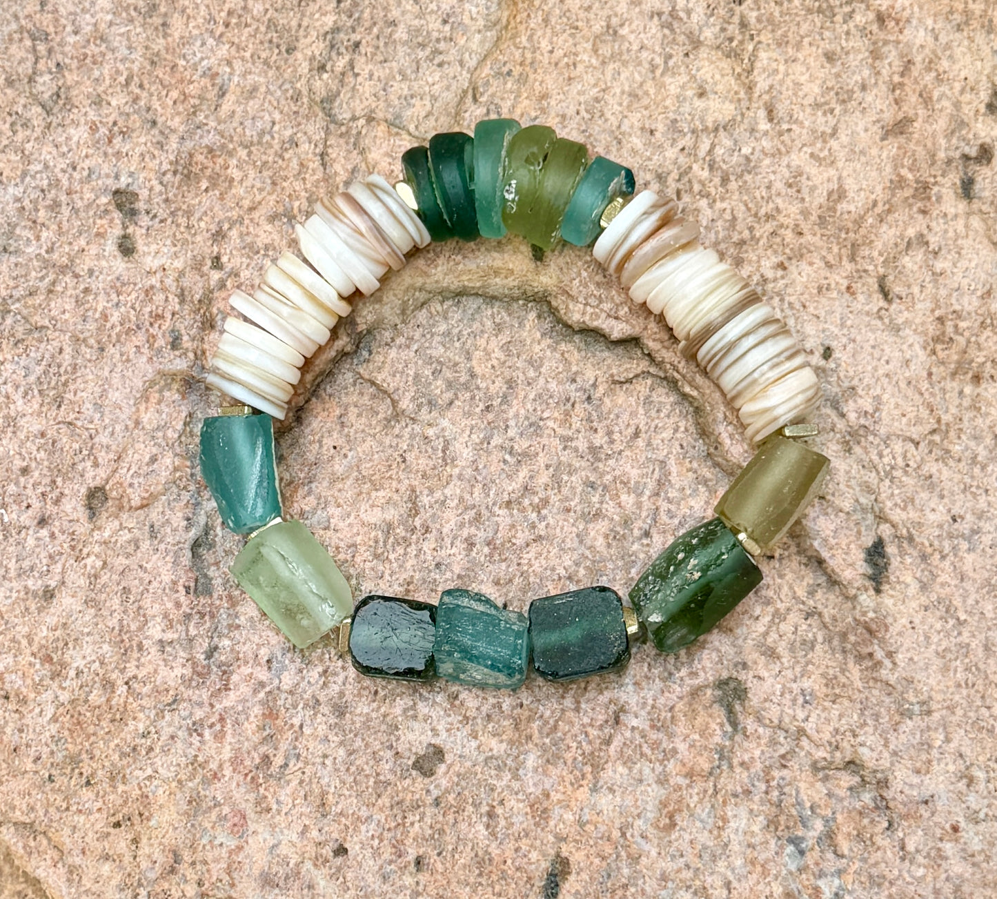 Roman Glass Bracelet • Natural Shell, Gold Triangle Accents, Coastal Jewelry