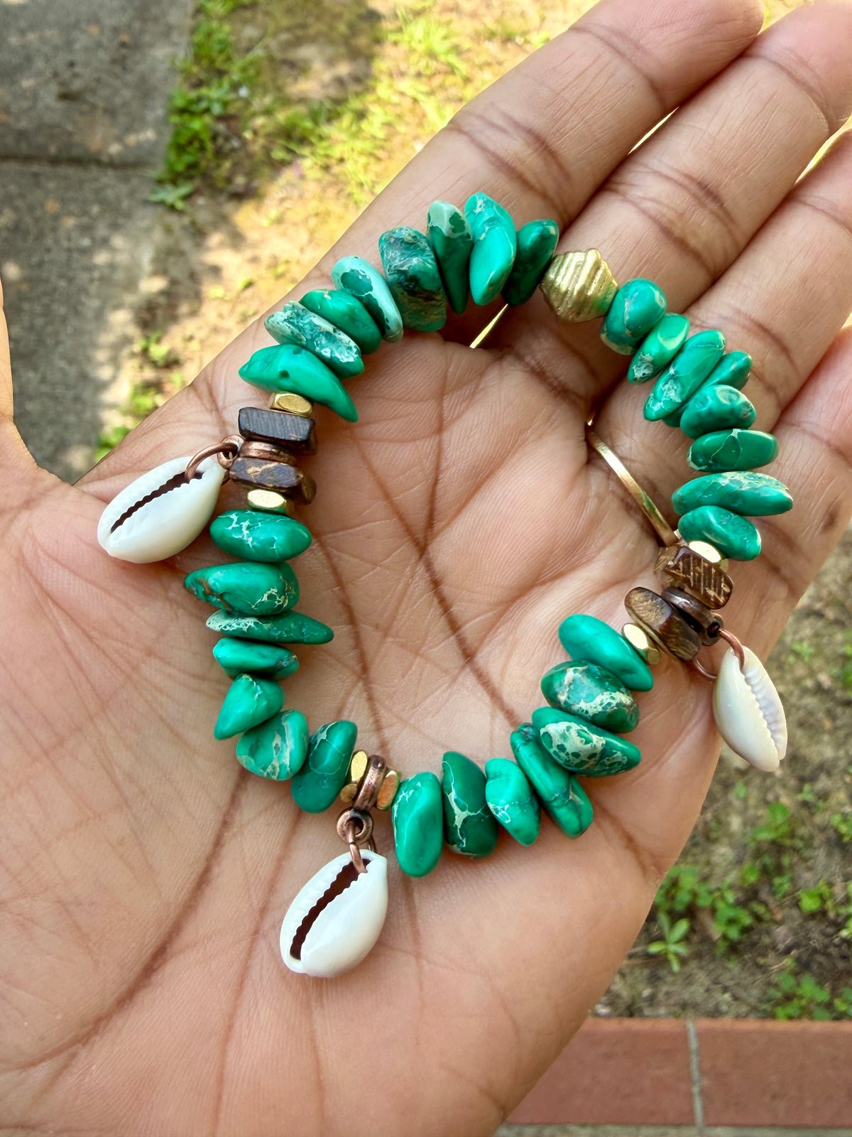 Beachy Green Aqua Sediment Jasper– Cowrie Shell Charm– Coastal Boho Stretch Bracelet