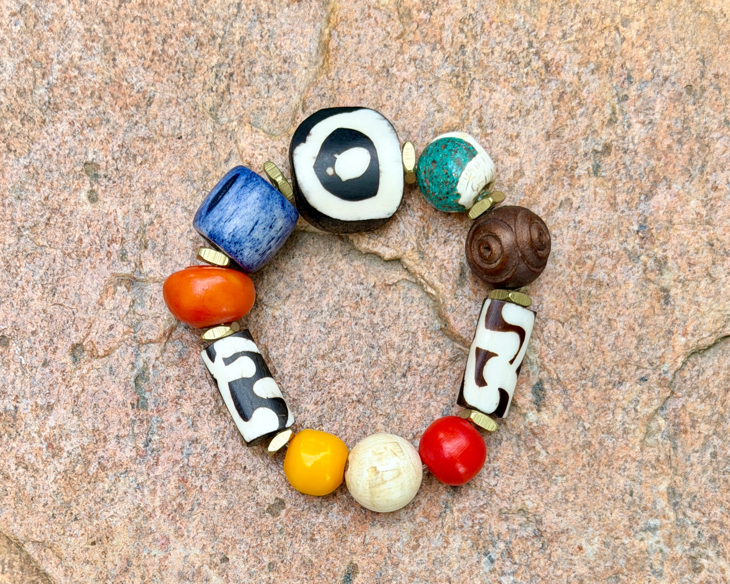 Boho Mix Media Bracelet — Colorful Agate, Kenyan Resin & Blue Bone Beads
