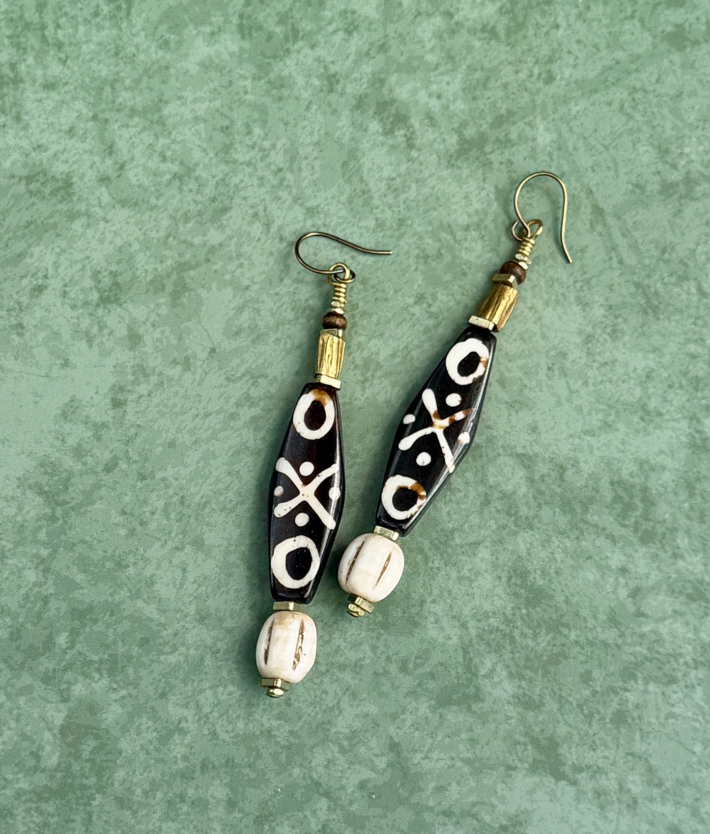 Bold Batik Bone Earrings • Tribal Inspired Mudbone Beads • Rustic Boho Dangles • Earthy Statement Earrings