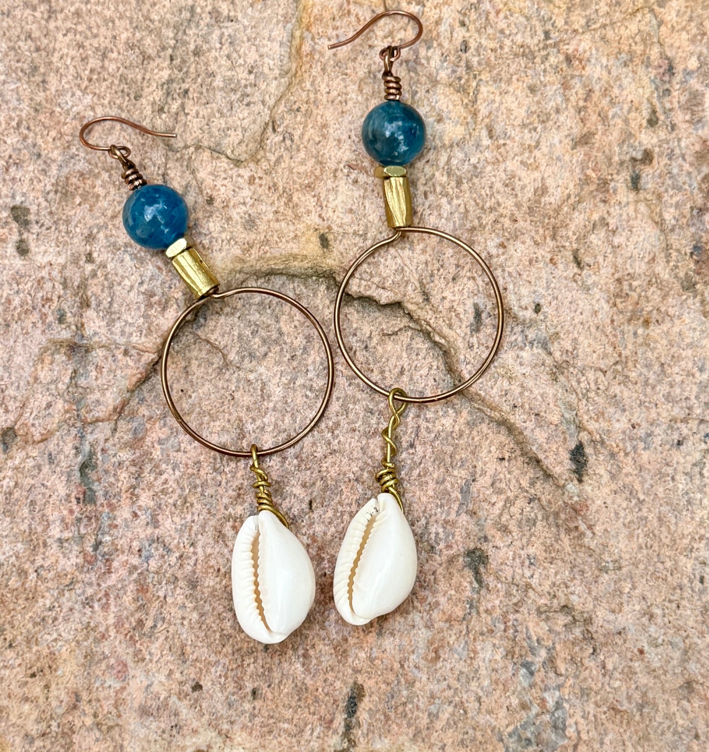 Bold Apatite Hoop Earrings • Cowrie Shell Charms • Fun Unique Beach Jewelry