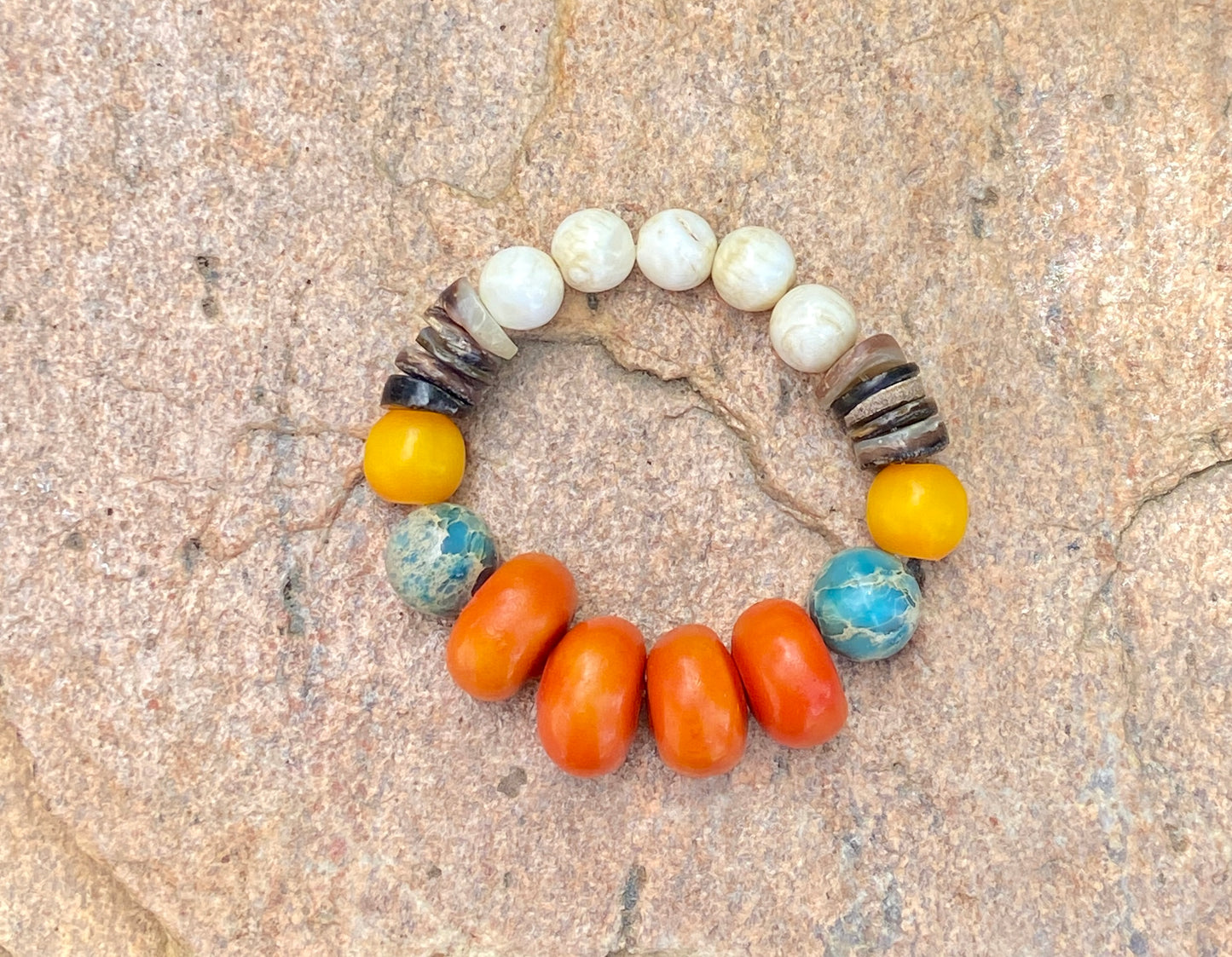 Boho Tribal Bracelet • Moroccan Mango Resin • Naga Shell • Kenyan Amber • Turquoise Impression Jasper
