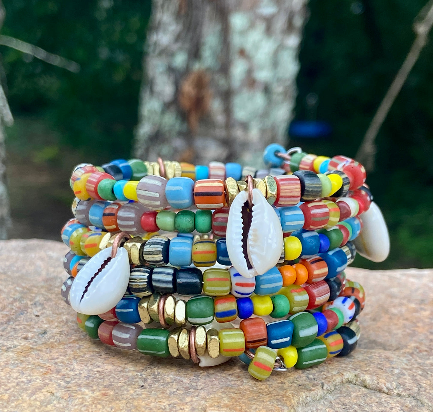 Rainbow Medley Stripe Java Gooseberry Bead Memory Wire Bangle