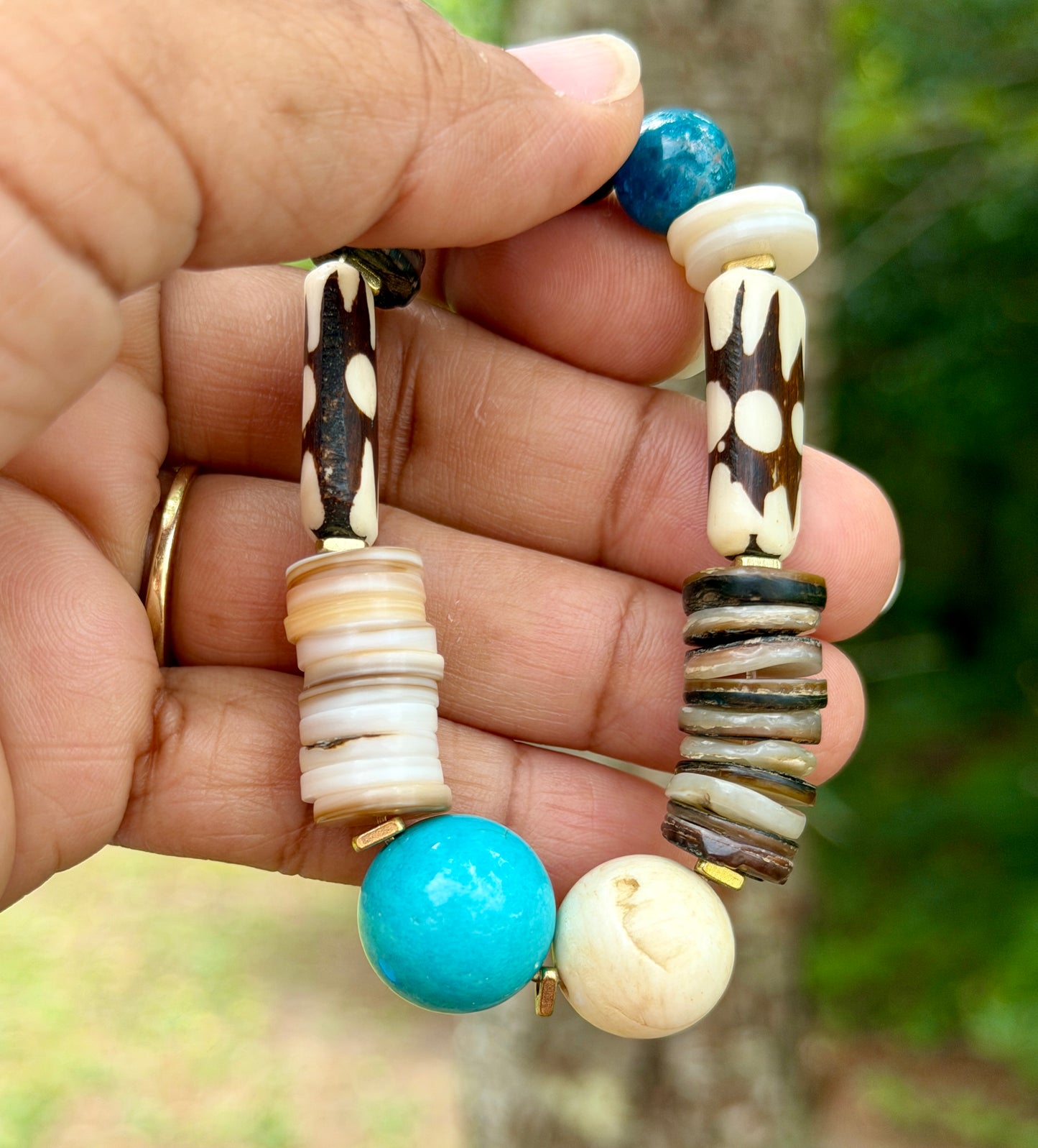 Boho Mix Media Bracelet — Turquoise Magnesite, Shell & Batik Bone Beads