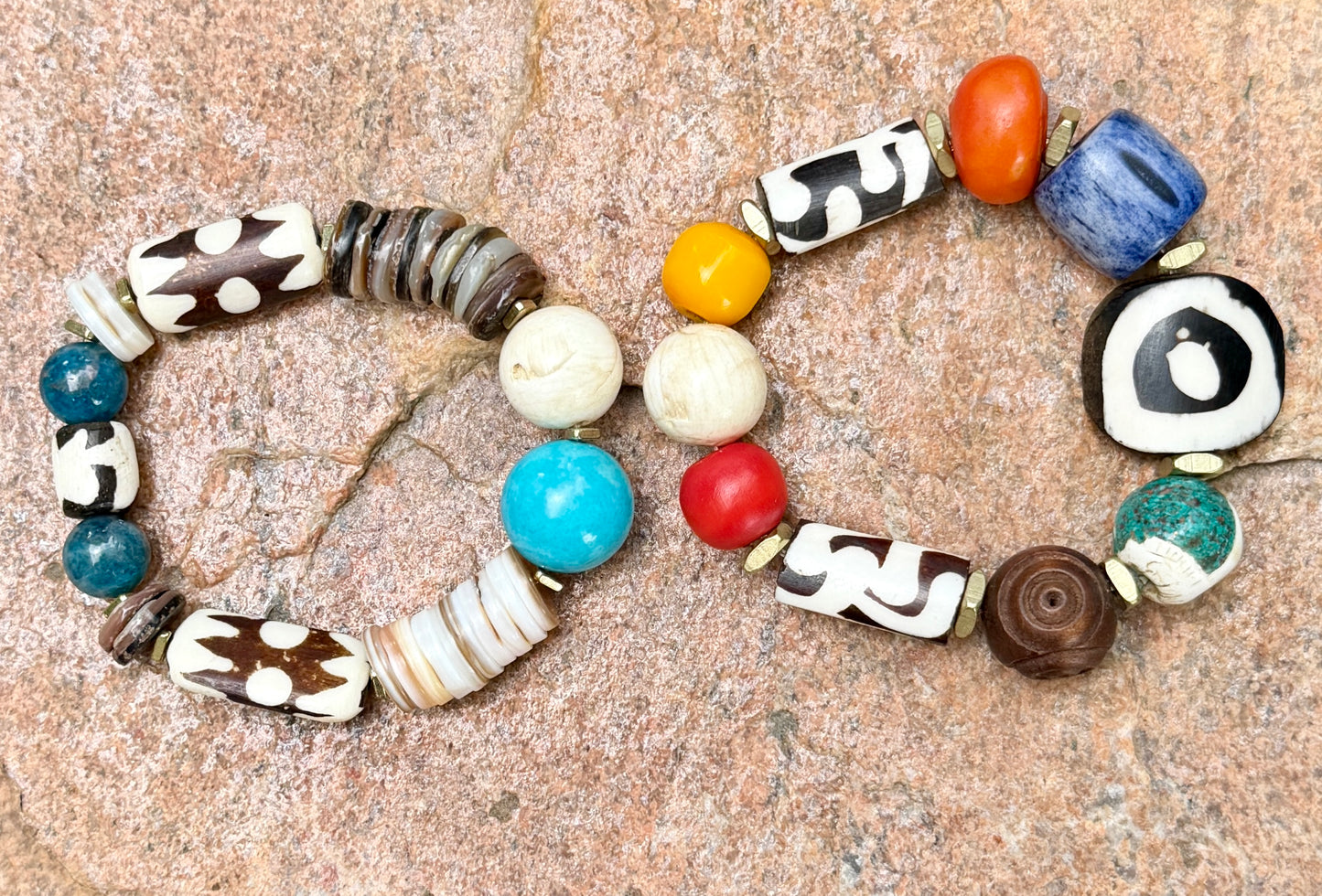 Boho Mix Media Bracelet — Colorful Agate, Kenyan Resin & Blue Bone Beads