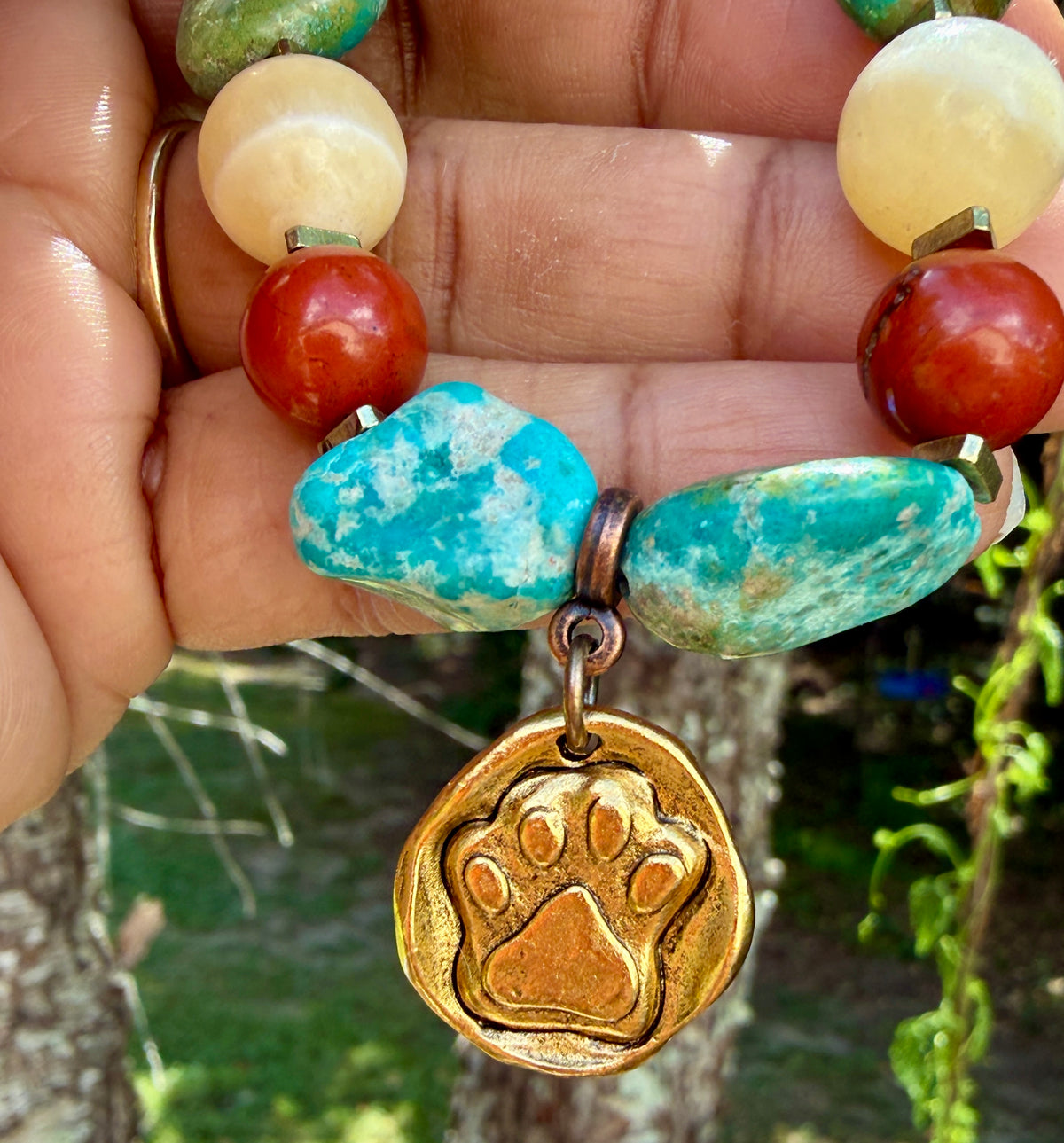 Gold Dog Paw Charm Bracelet • Turquoise Nuggets • Dog Lover Jewelry • Fur Baby Gift