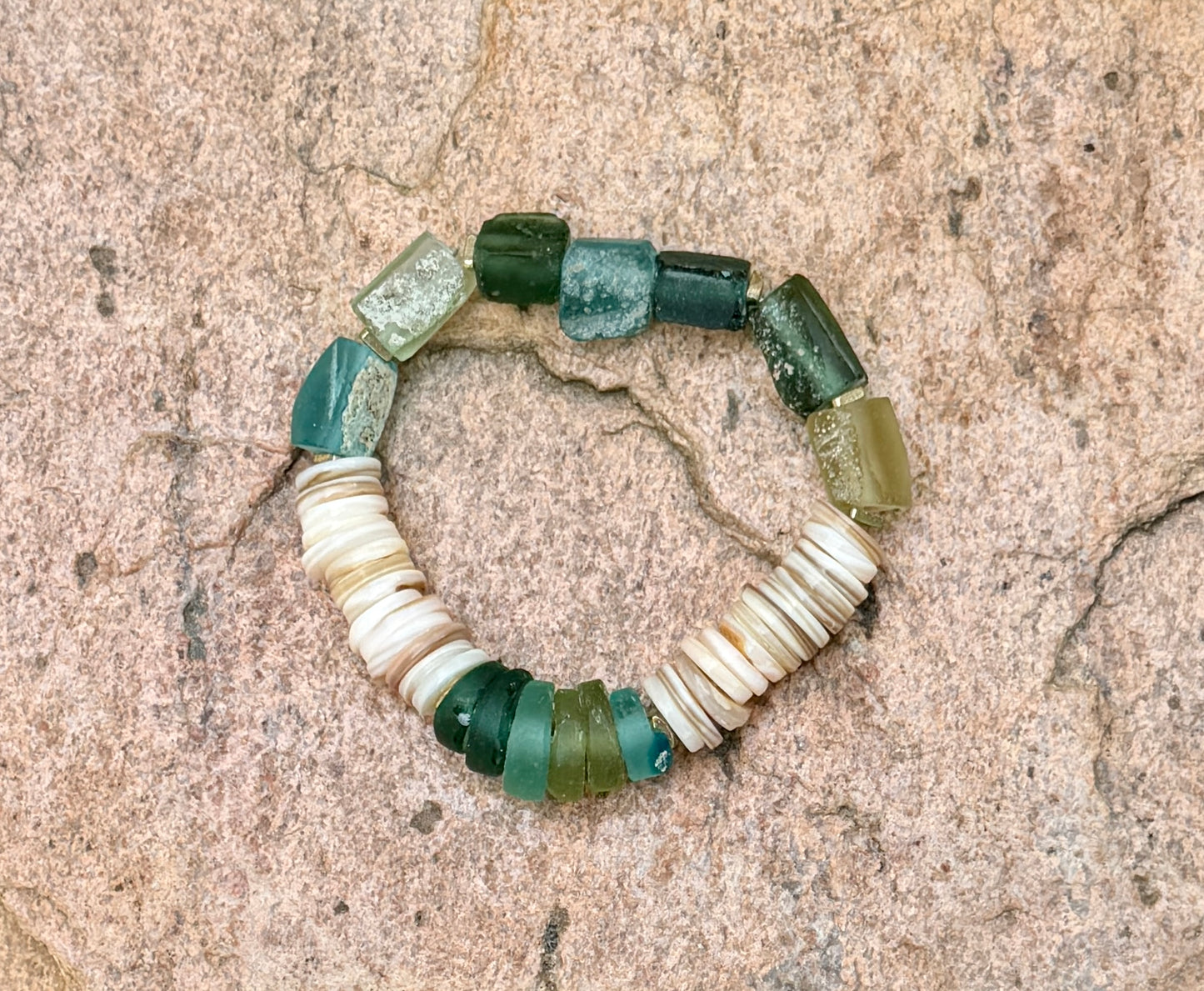 Roman Glass Bracelet • Natural Shell, Gold Triangle Accents, Coastal Jewelry
