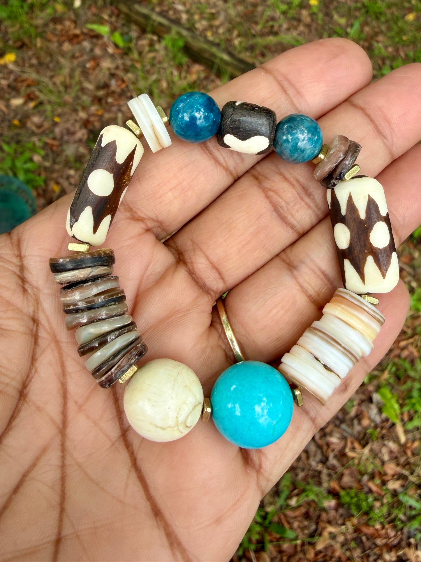 Boho Mix Media Bracelet — Turquoise Magnesite, Shell & Batik Bone Beads