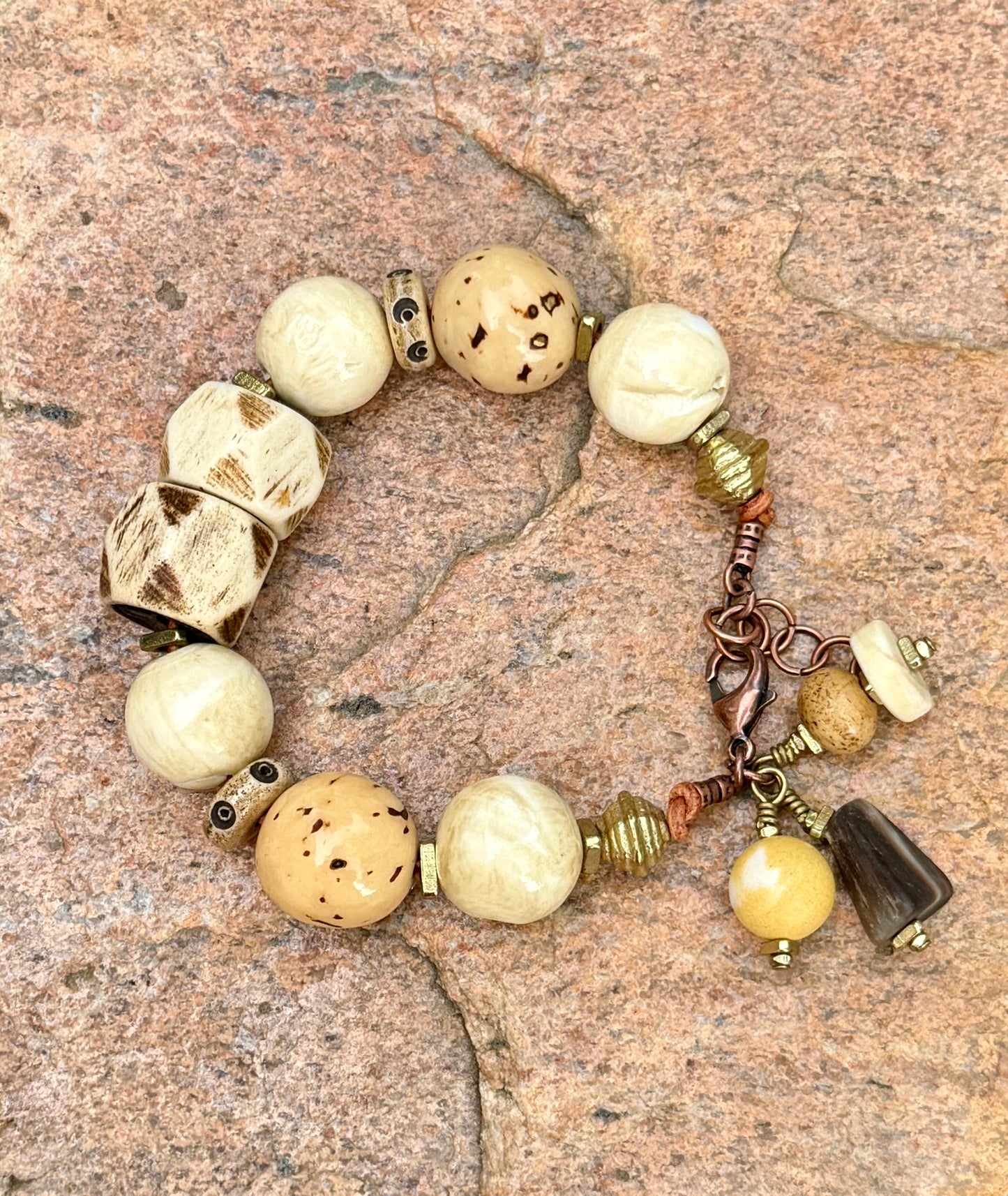 Tagua Seed Bead Bracelet: Naga Conch Shell, Bone & Brass