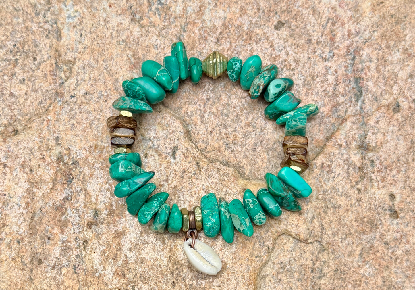 Cowrie Shell Charms– Green Aqua Sediment Jasper– Coastal Boho Stretch Jewelry