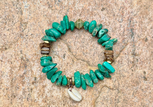 Cowrie Shell Charms– Green Aqua Sediment Jasper– Coastal Boho Stretch Jewelry
