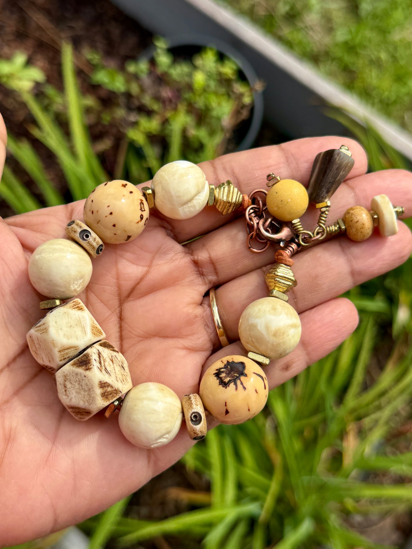 Tagua Seed Bead Bracelet: Naga Conch Shell, Bone & Brass
