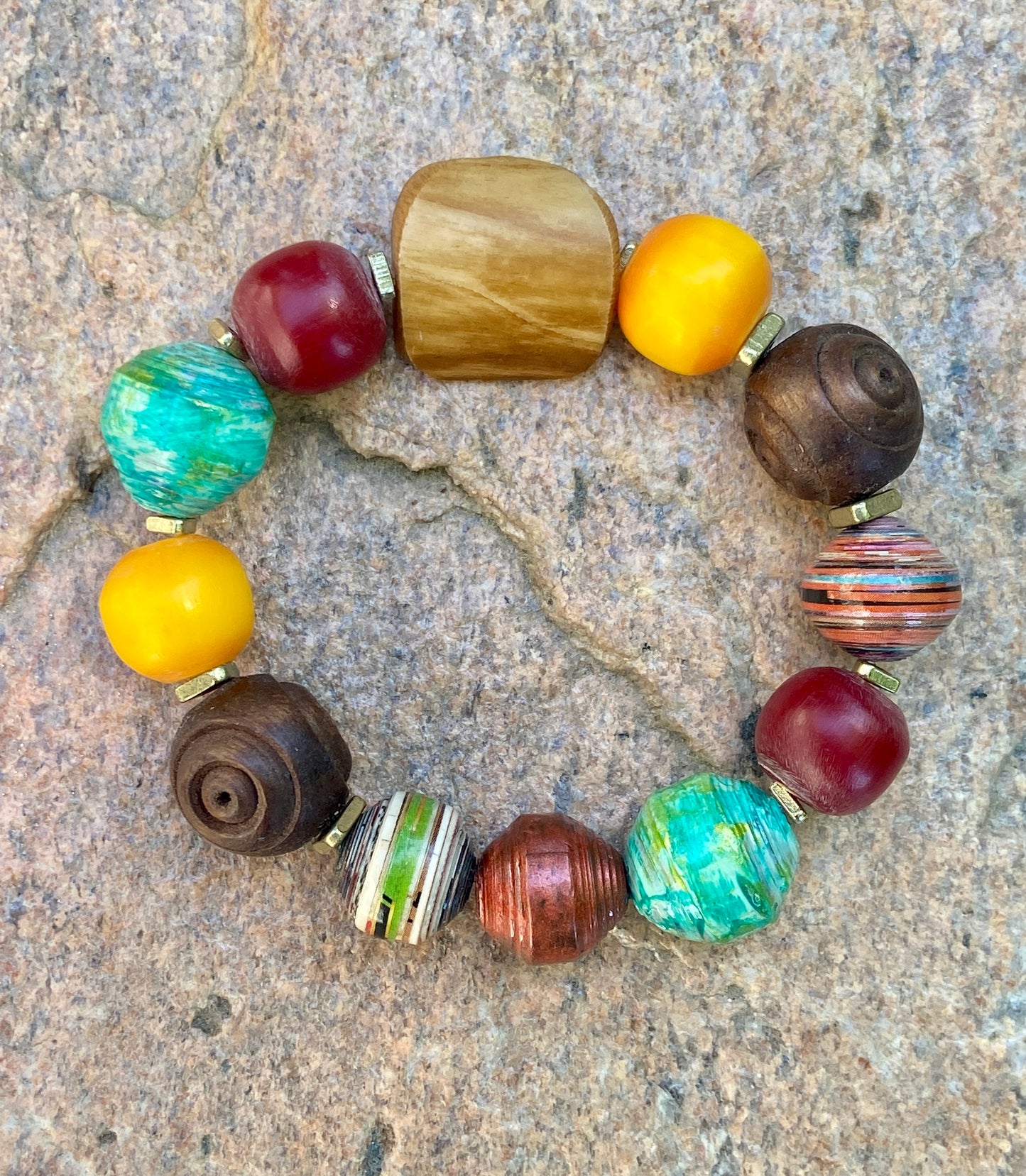 Bohemian Vibes: Mixed Media Paper Beads, Olive Wood, Bone and Colorful Kenyan Amber Resin Beads