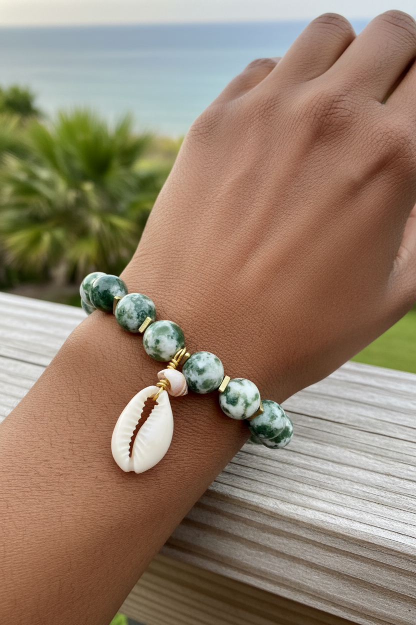 Boho Artisan Jewelry Moss Agate Gemstone Bracelet with Shell Pendant