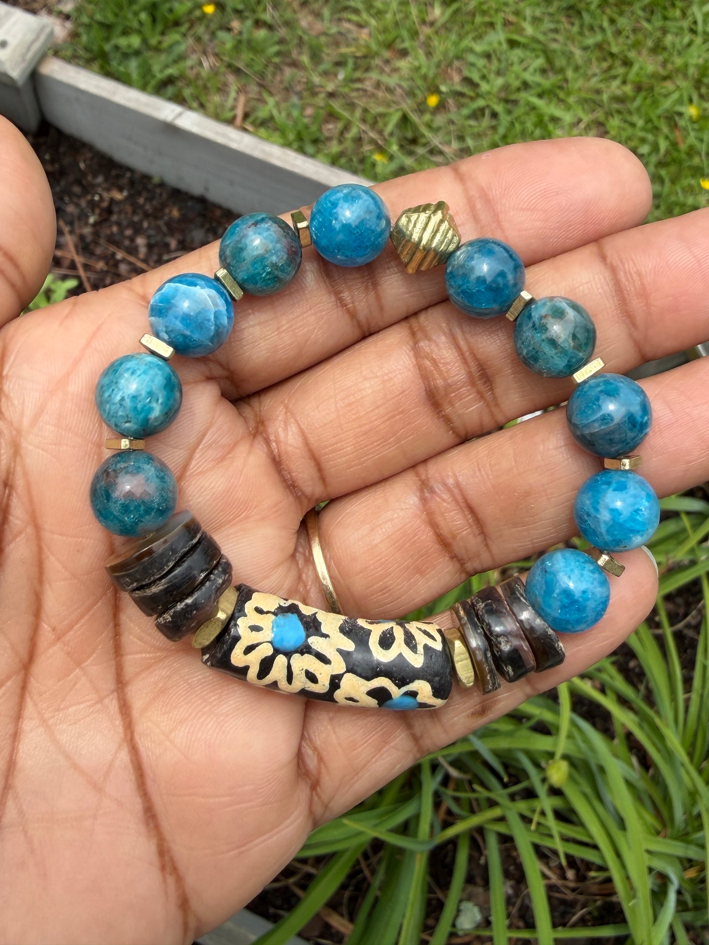 Apatite Gemstone and Painted Krobo Bracelet