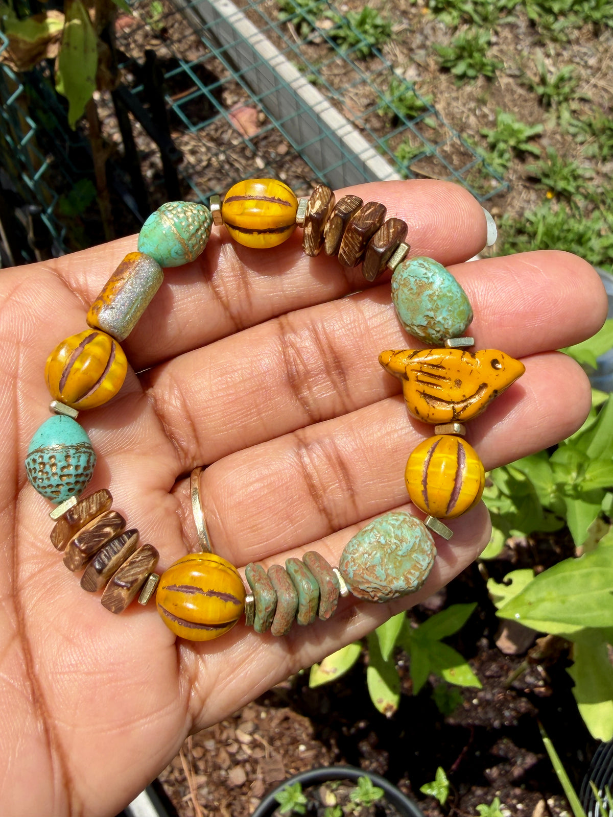 Turquoise Ancient Stone Bracelet • Mystic Chirp Focal • Rustic Coconut Wood • Nature Inspired Artisan Jewelry