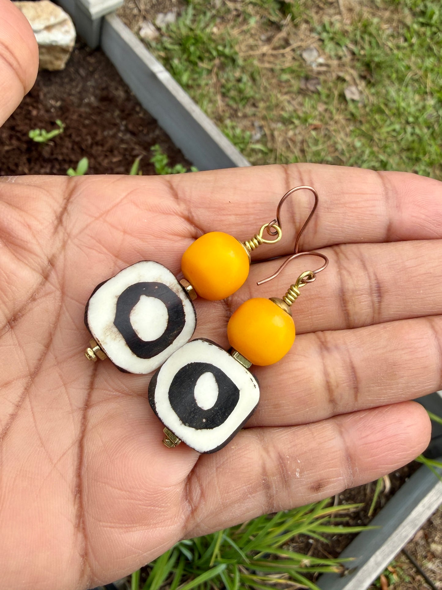 Batik Bone & Colorful Kenya Amber Resin Earrings • Beachy Summer Boho Jewelry