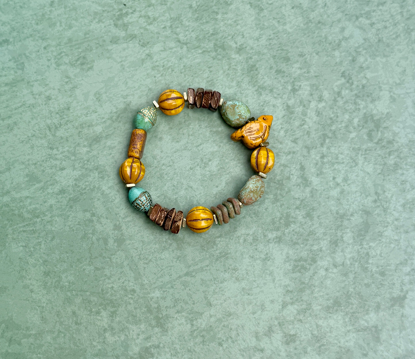 Turquoise Ancient Stone Bracelet • Mystic Chirp Focal • Rustic Coconut Wood • Nature Inspired Artisan Jewelry