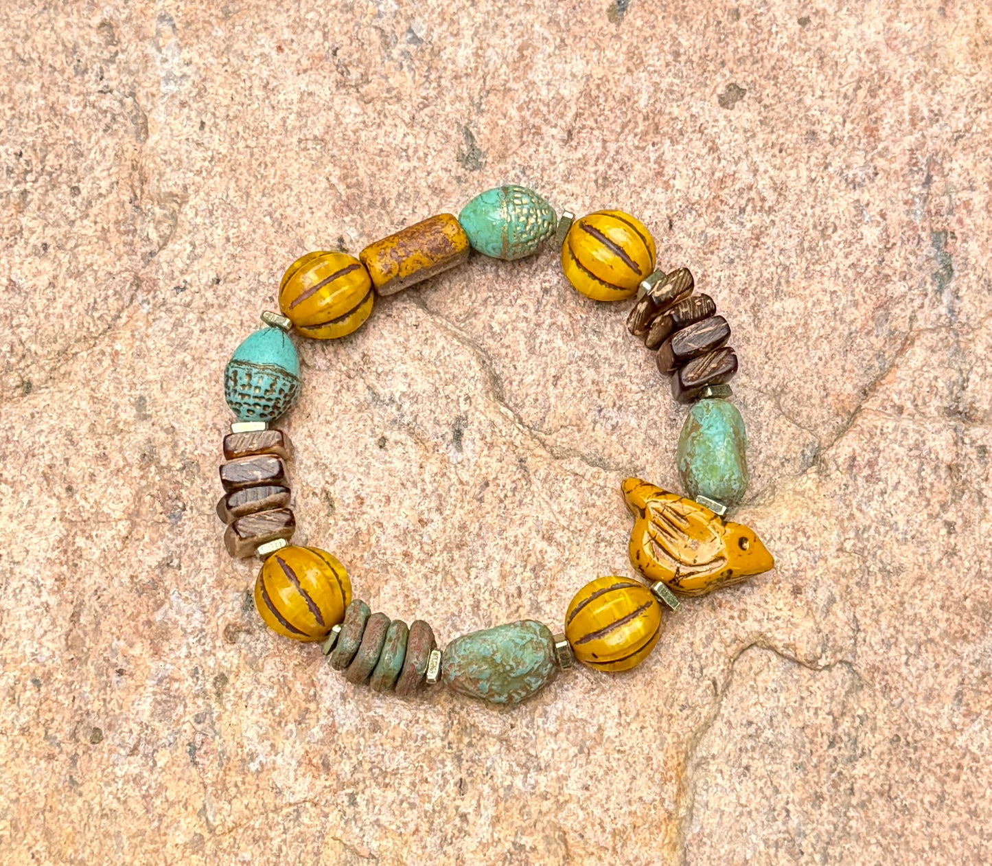 Turquoise Ancient Stone Bracelet • Mystic Chirp Focal • Rustic Coconut Wood • Nature Inspired Artisan Jewelry