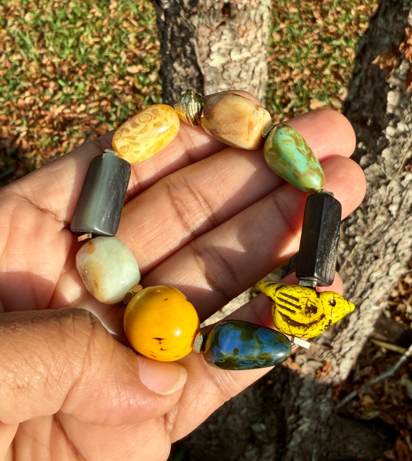 Boho Mixed Media Stretch Bracelet with Yellow Chirp