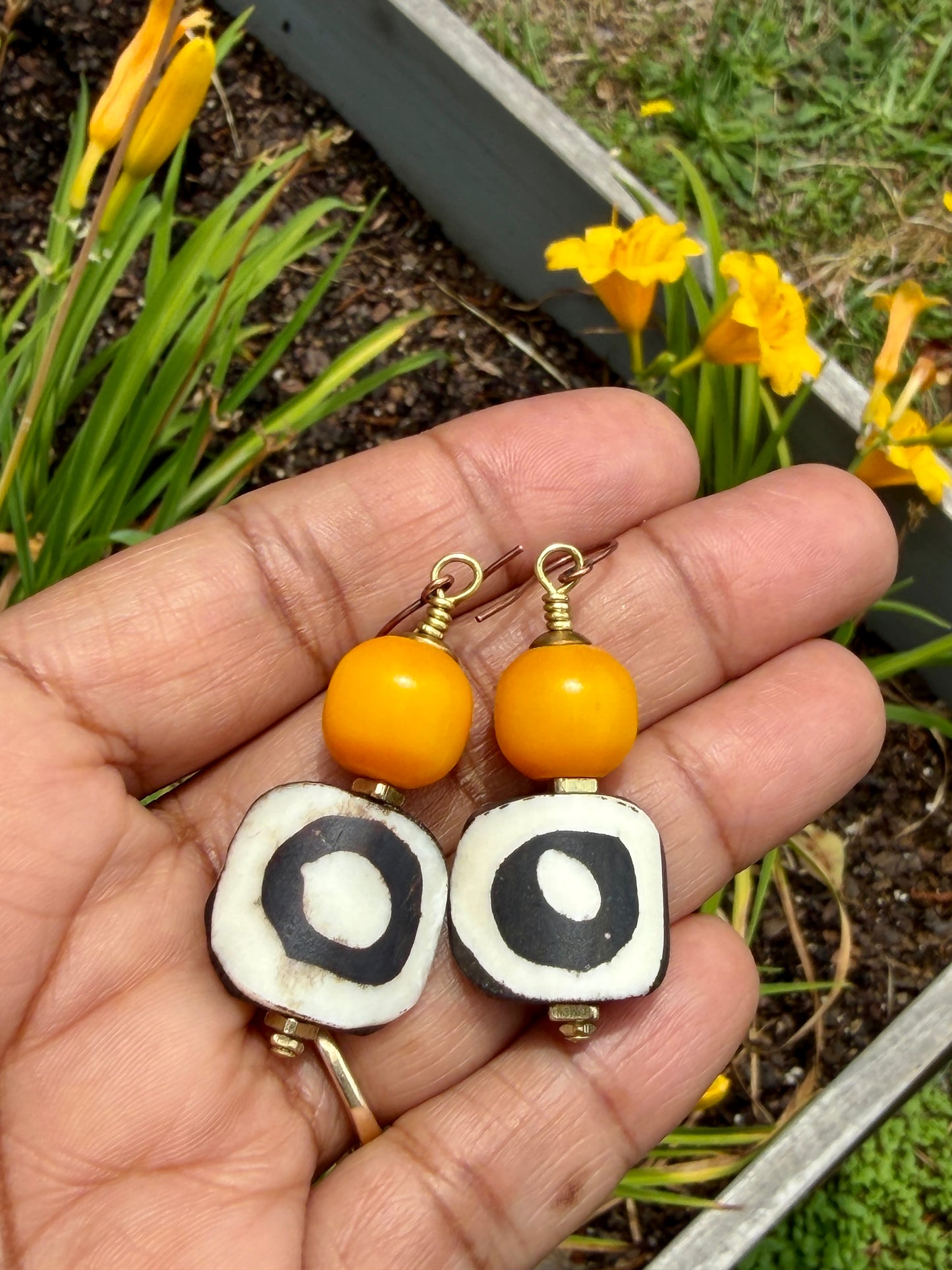 Batik Bone & Colorful Kenya Amber Resin Earrings • Beachy Summer Boho Jewelry