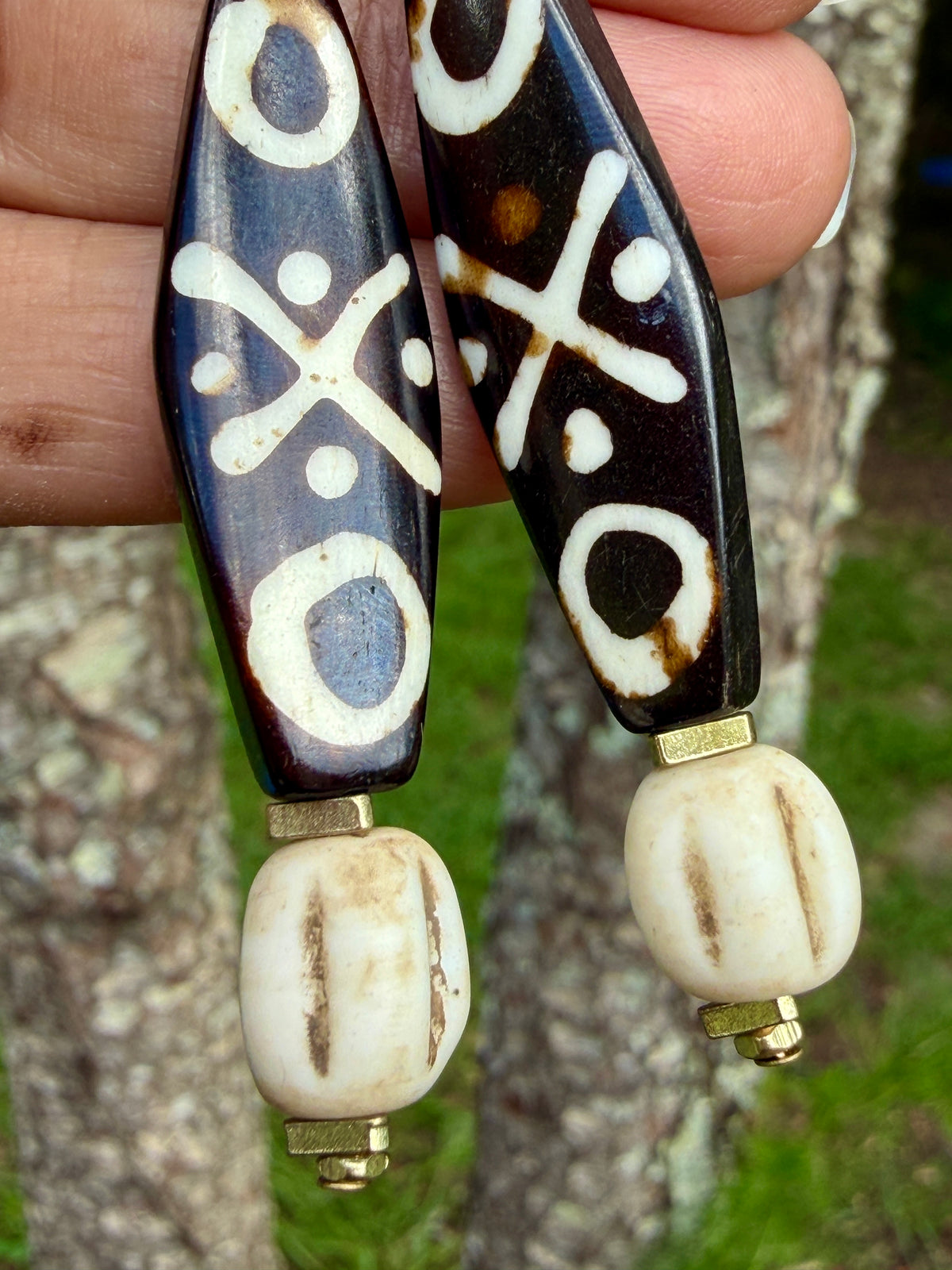 Bold Batik Bone Earrings • Tribal Inspired Mudbone Beads • Rustic Boho Dangles • Earthy Statement Earrings