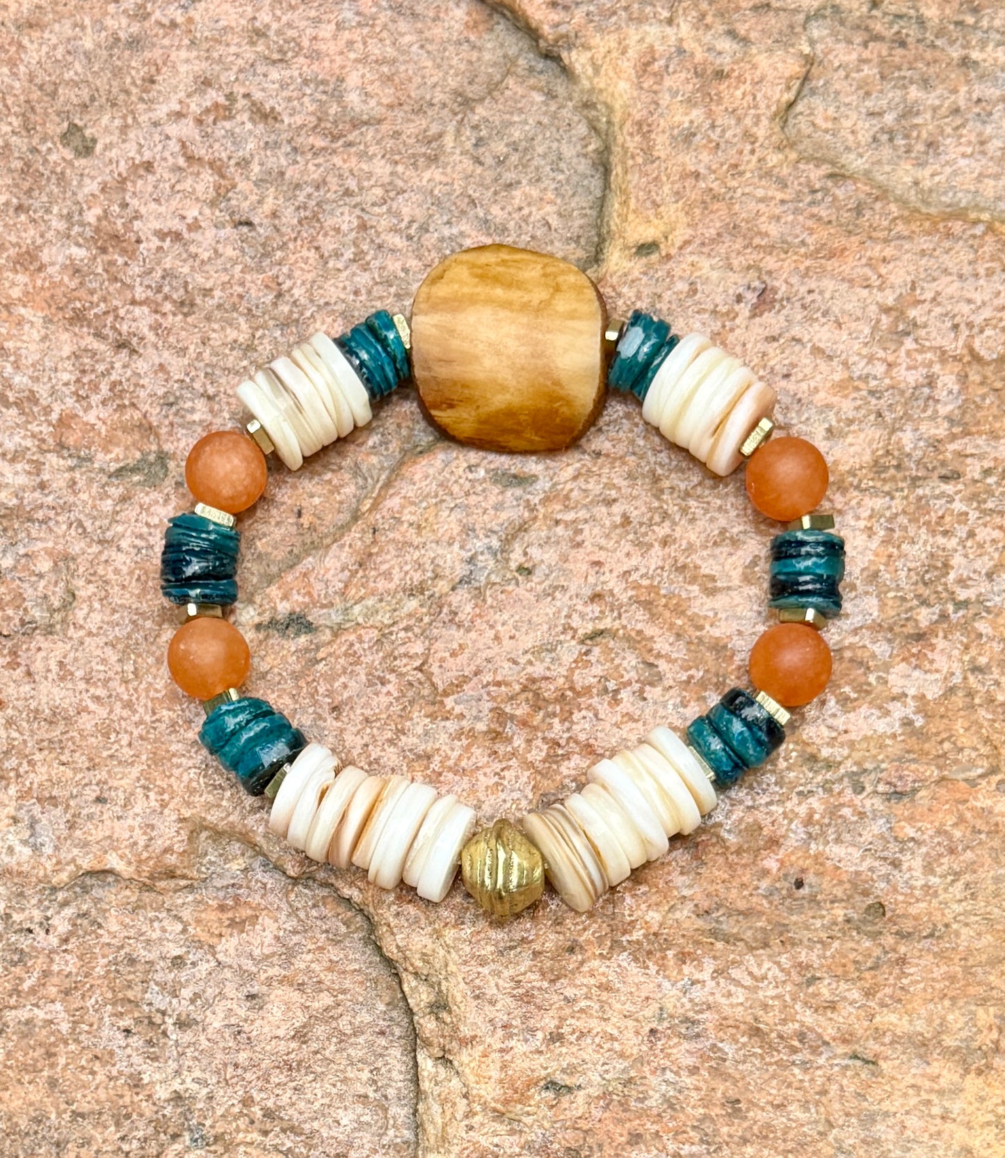 Coastal Papaya Aventurine & Shell Heishi Bracelet • Beachy Summer Jewelry