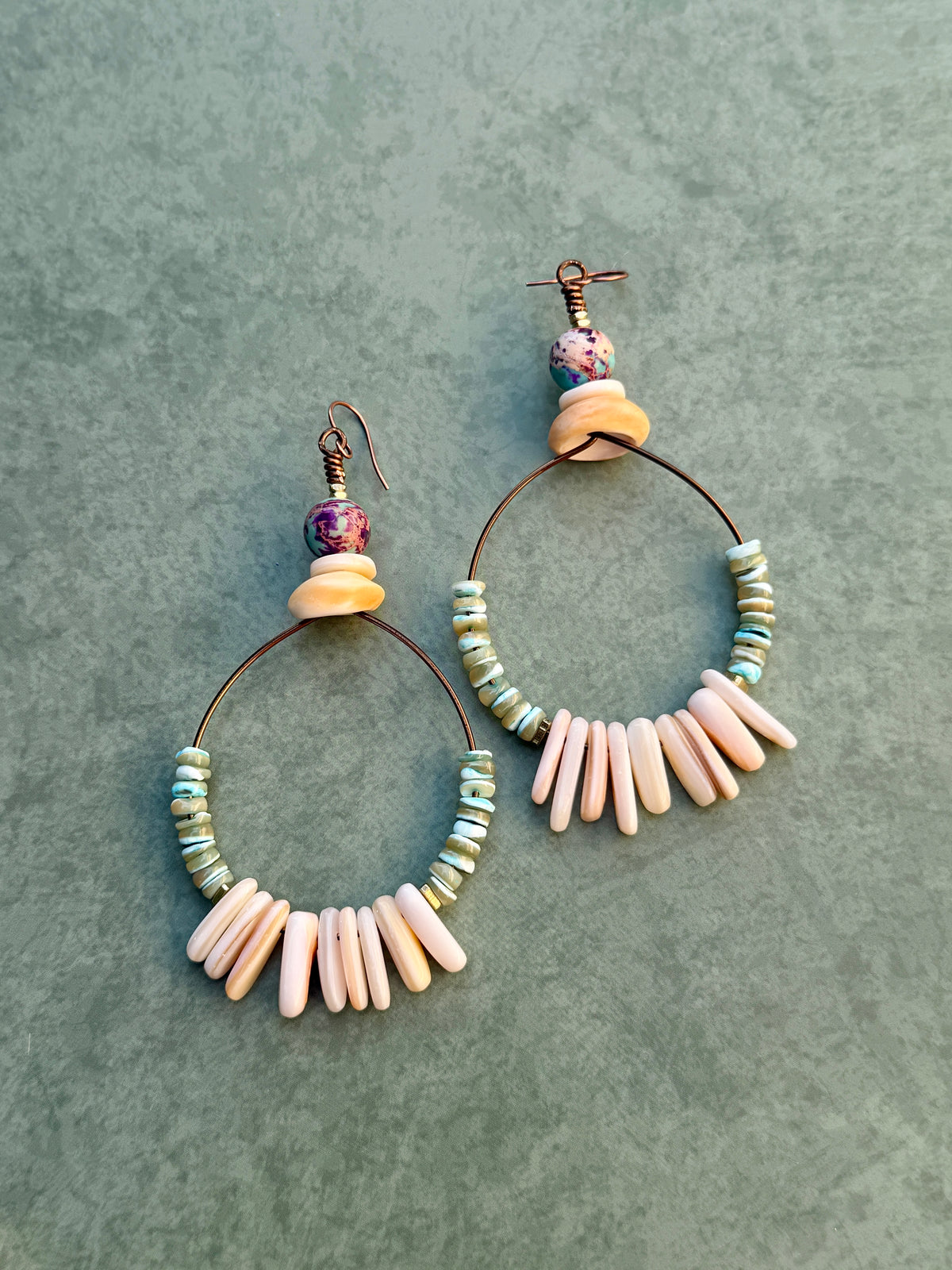 Sea Green Turbo Shell & Honey Shell Hoop Earrings • Natural Mussel Shell • Irregular Heishi • Sediment Jasper • Coastal Fall Vibes