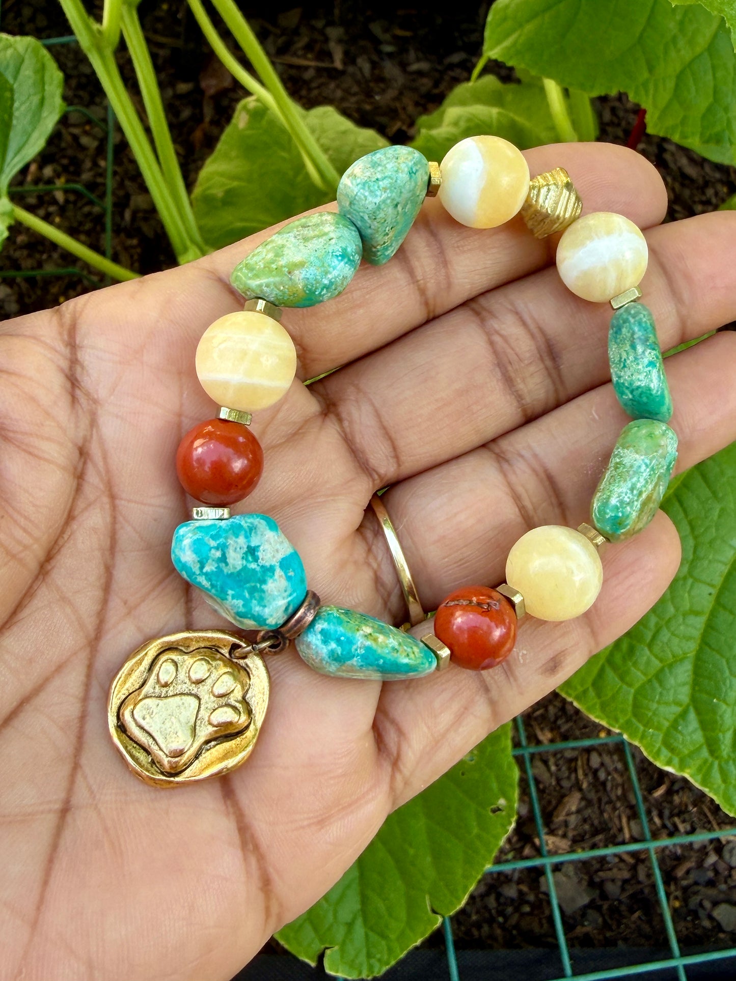 Gold Dog Paw Charm Bracelet • Turquoise Nuggets • Dog Lover Jewelry • Fur Baby Gift
