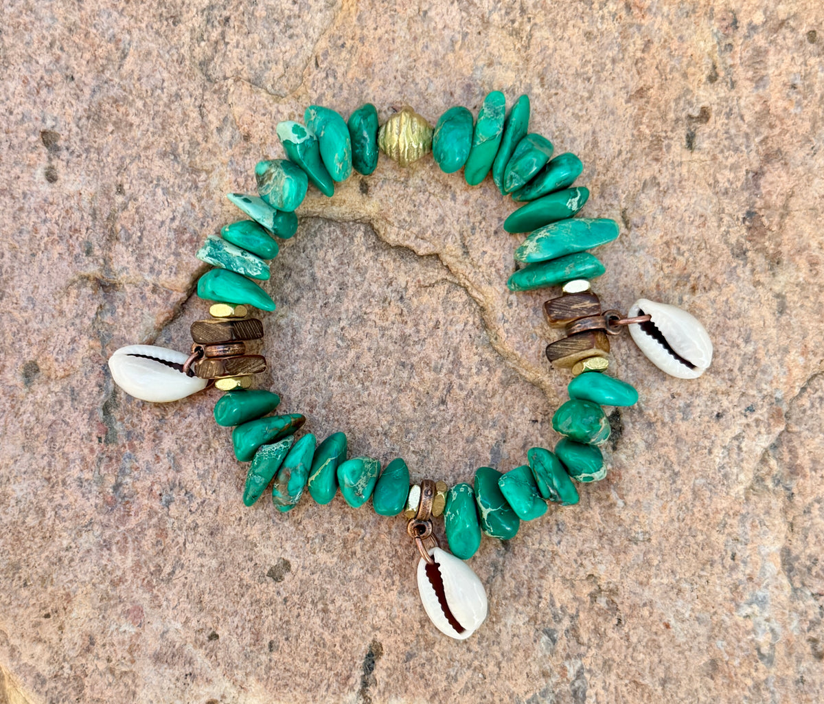 Beachy Green Aqua Sediment Jasper– Cowrie Shell Charm– Coastal Boho Stretch Bracelet