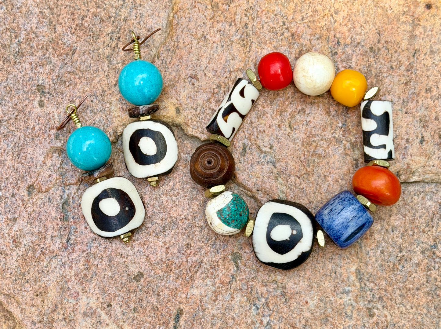 Batik Bone & Turquoise Magnesite Earrings with Mottled Brown Natural Heishi Shell Beads• Beachy Summer Boho Jewelry