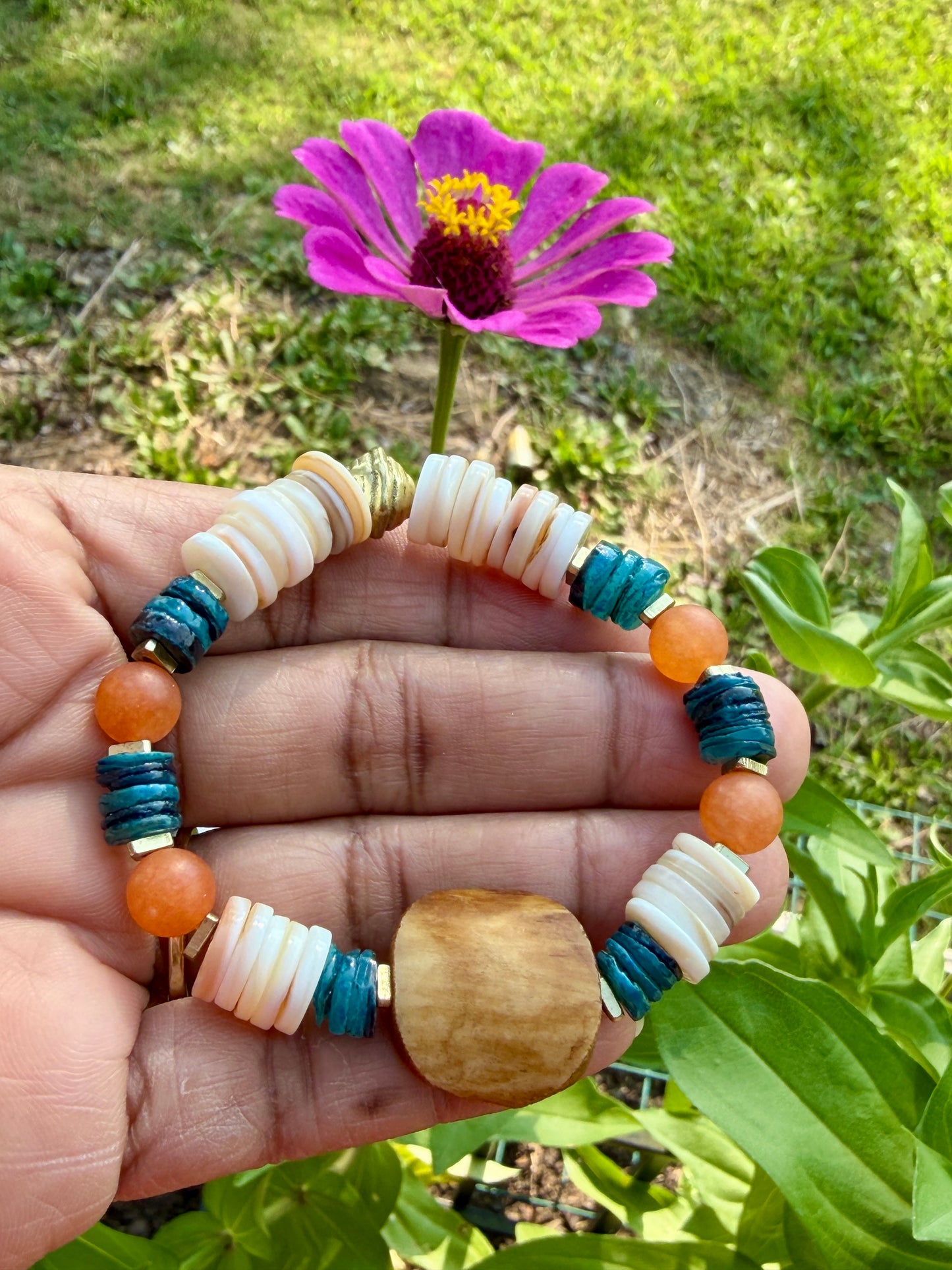 Coastal Papaya Aventurine & Shell Heishi Bracelet • Beachy Summer Jewelry