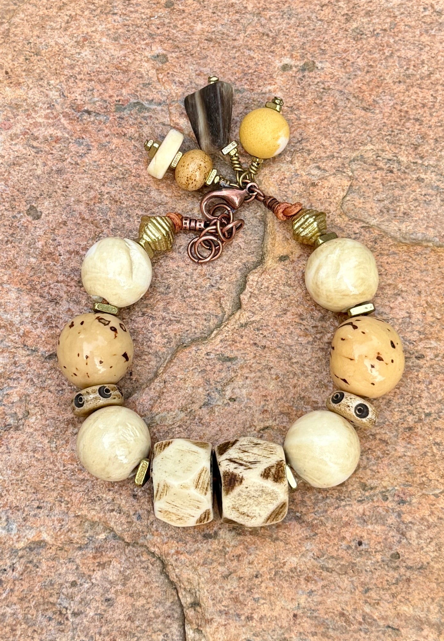 Tagua Seed Bead Bracelet: Naga Conch Shell, Bone & Brass