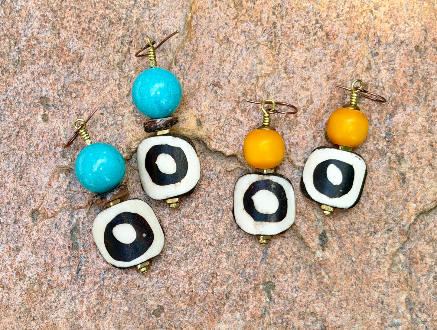 Batik Bone & Colorful Kenya Amber Resin Earrings • Beachy Summer Boho Jewelry