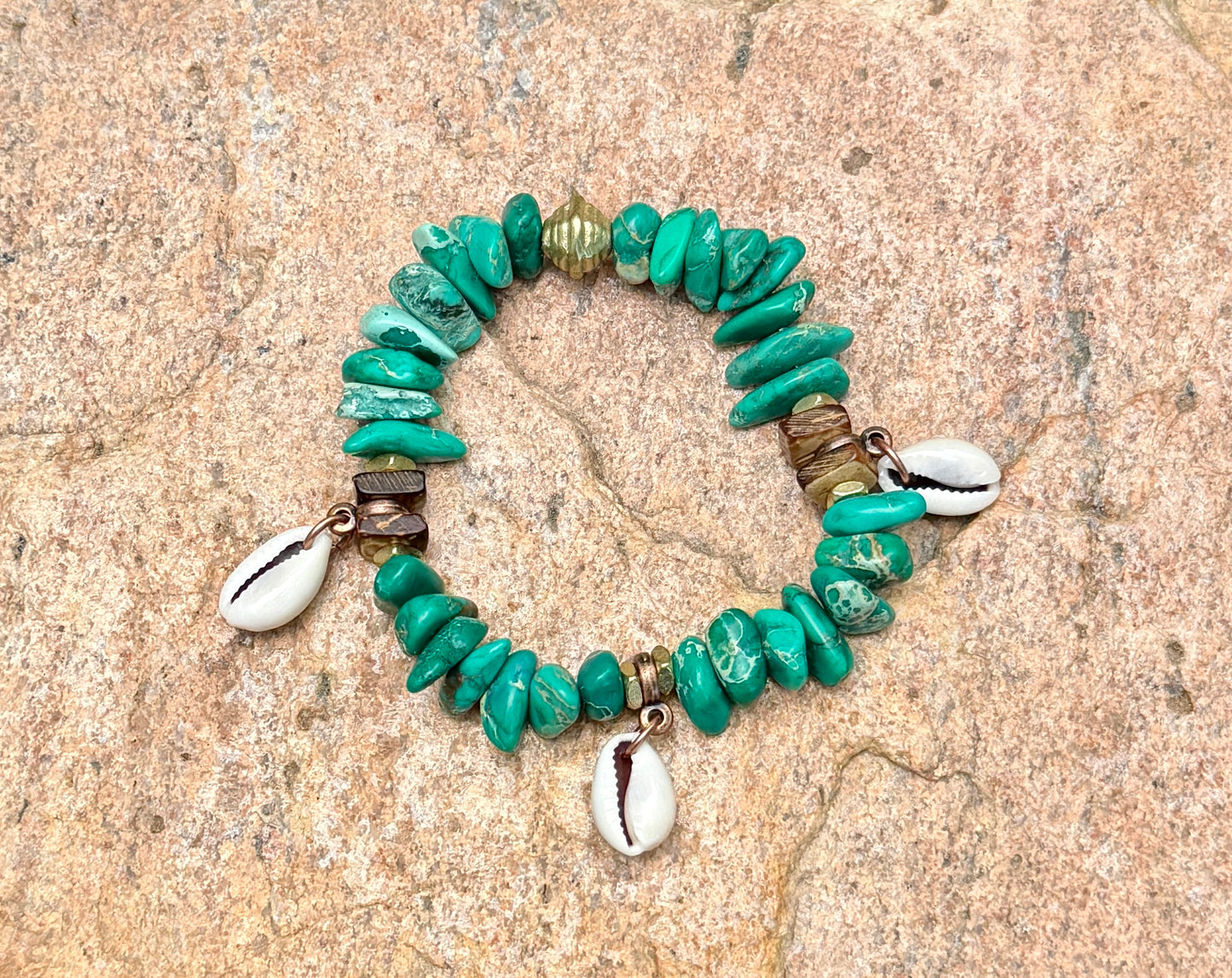 Beachy Green Aqua Sediment Jasper– Cowrie Shell Charm– Coastal Boho Stretch Bracelet