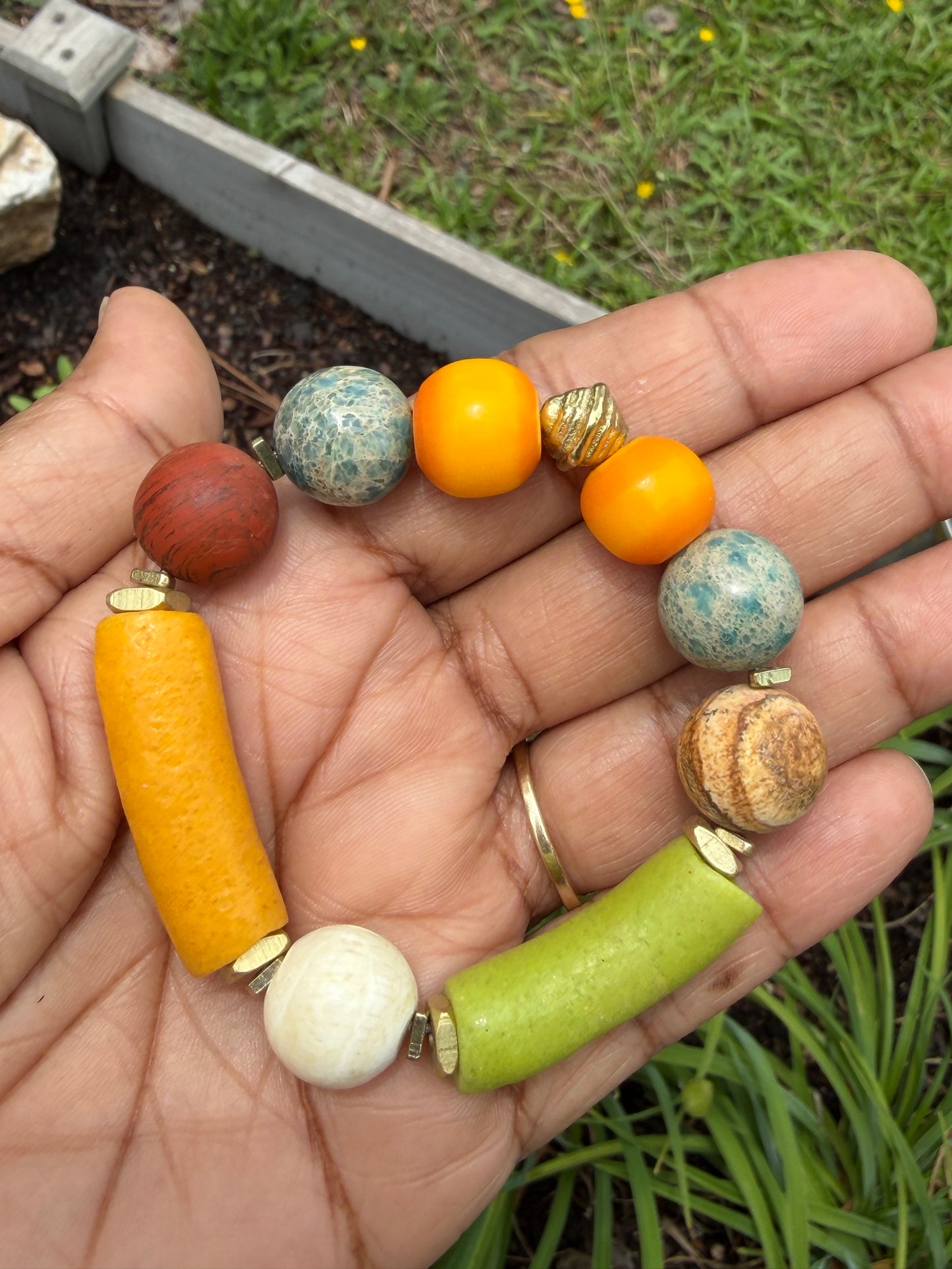 Colorful Krobo, Agate & Turquoise Jasper Bracelet • Global Boho Summer Jewelry