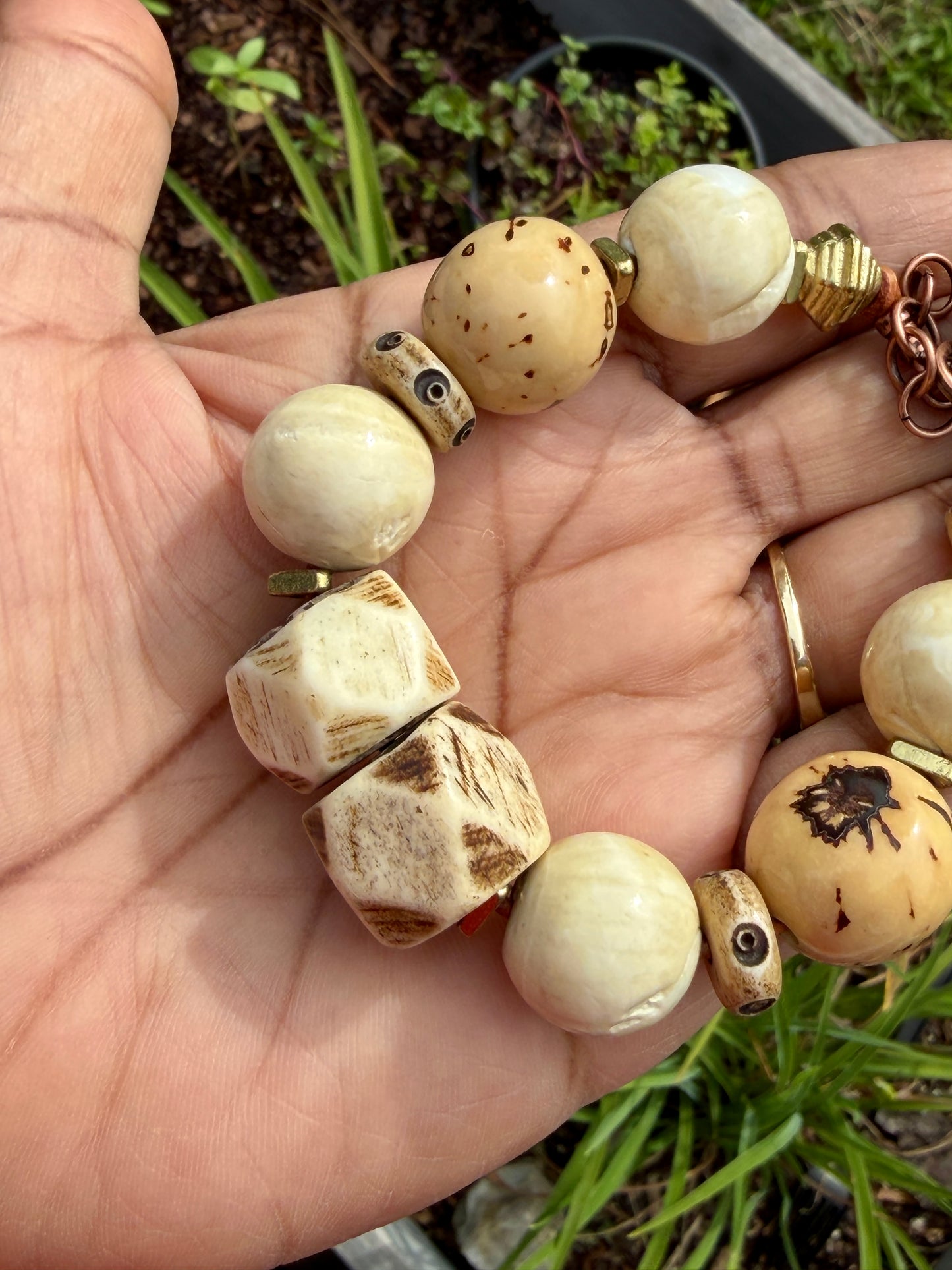 Tagua Seed Bead Bracelet: Naga Conch Shell, Bone & Brass