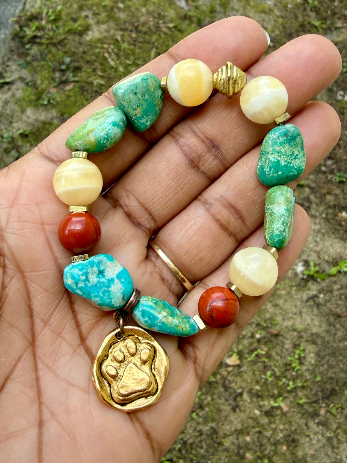 Gold Dog Paw Charm Bracelet • Turquoise Nuggets • Dog Lover Jewelry • Fur Baby Gift